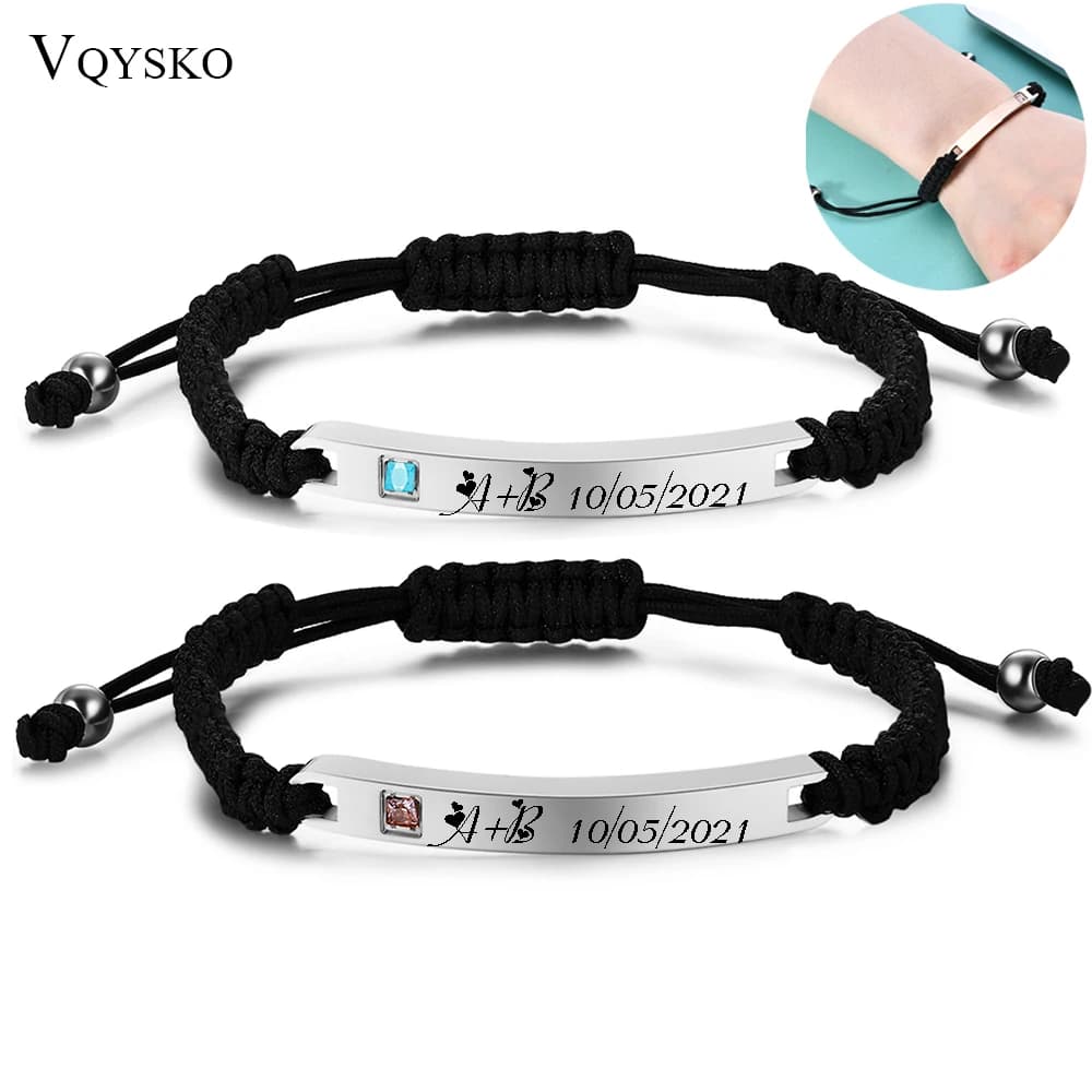 Parole personalizzate Bar Braccialetti per coppie per donna Uomo Nome in acciaio inossidabile Data Braccialetti per gioielli incisi Regali per amanti intrecciati