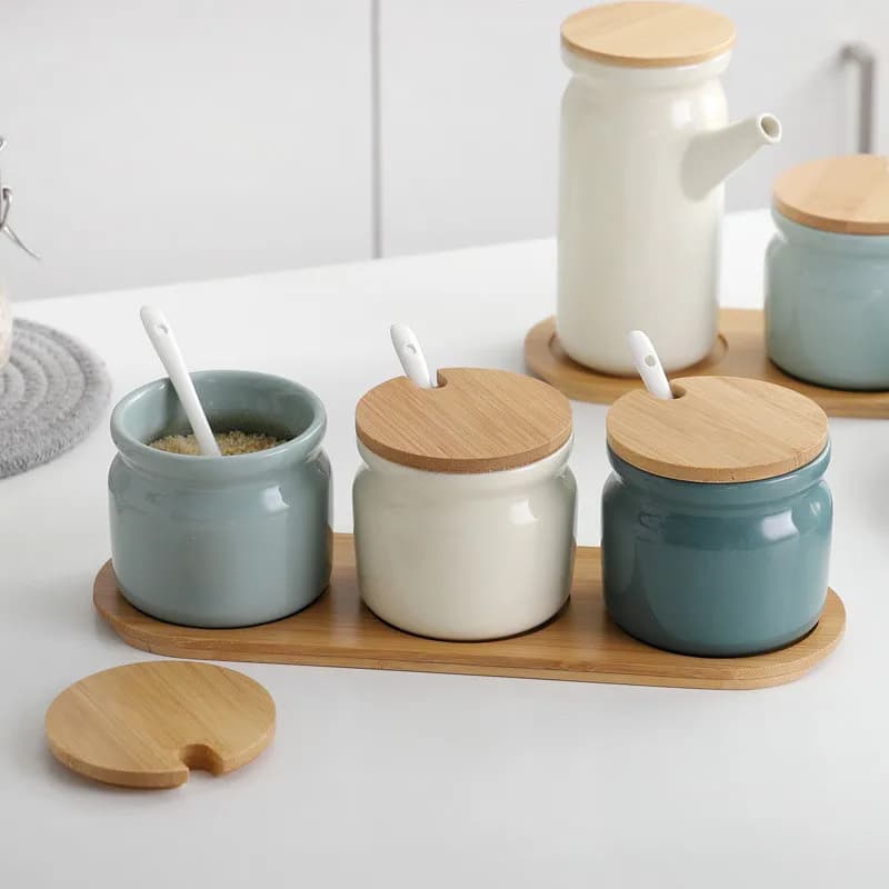 Portaspezie in ceramica Saliera e pepiera Set di bottiglie di olio Forniture per la casa da cucina per barattolo di stoccaggio di spezie con coperchio