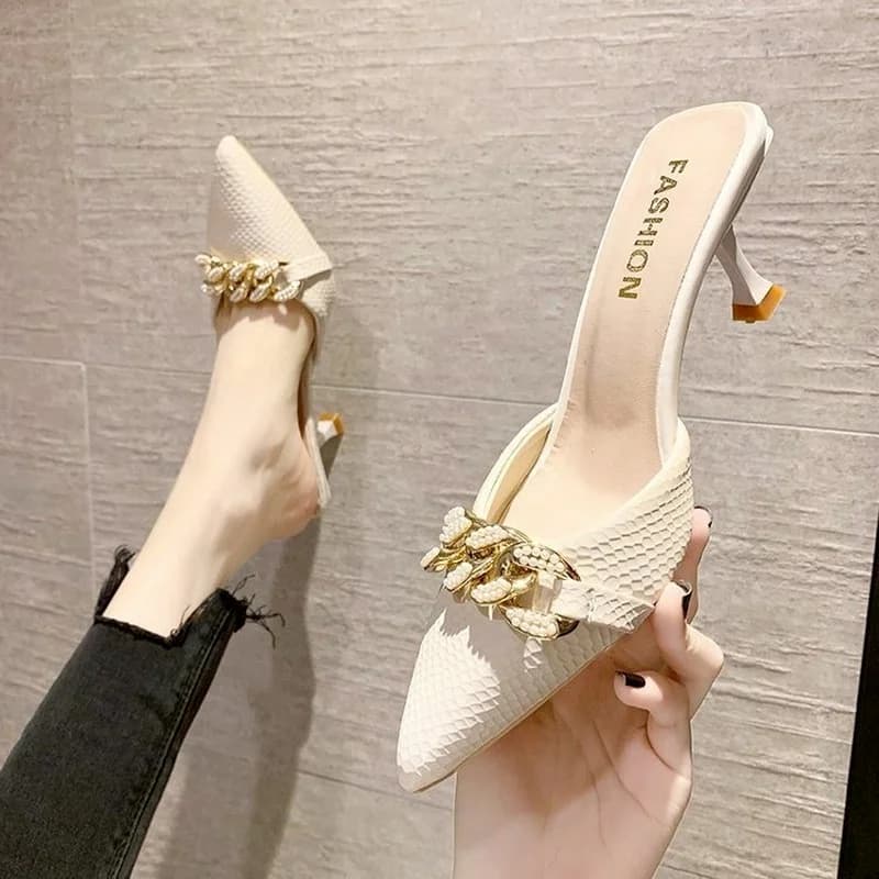 Sandali Estivi da Donna con Catena, Punta a Spillo, Ciabatte Casual, Mules, Babouche, Sexy Tacchi Alti