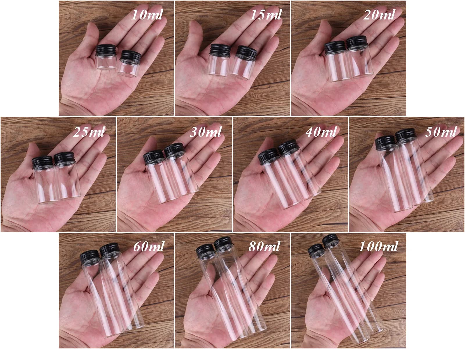 24 bottiglie di vetro da 10 ml-100 ml con tappi in alluminio nero, barattoli per spezie, contenitori in vetro, bottiglie decorative per matrimoni, artigianato, regali fai da te