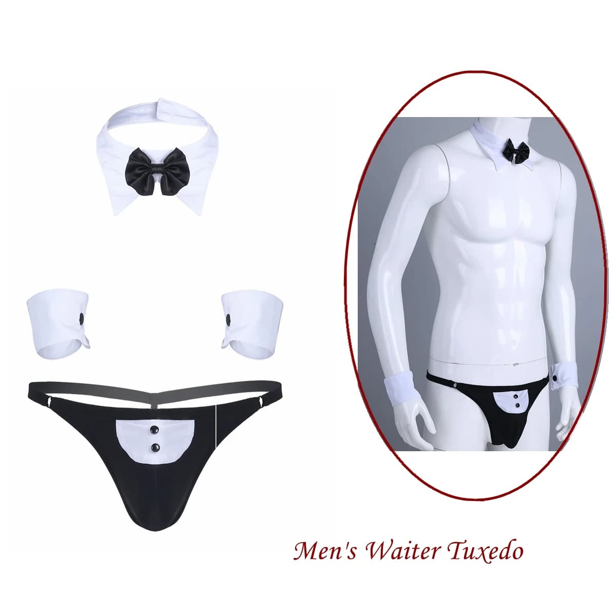 Men Cosplay Cameroon Set of Lingerie Open Back Tuxedo G-String Intimate Thong with Papillon Collar And Bracelets Fancy Dress Up