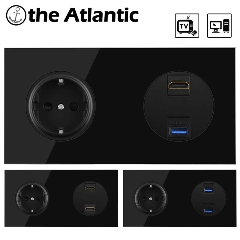 EU DE Plug presa di corrente HDMI USB 3.0 presa dati porta di trasferimento dati presa a muro per Computer PC televisione TV cornice in vetro nero prese elettriche