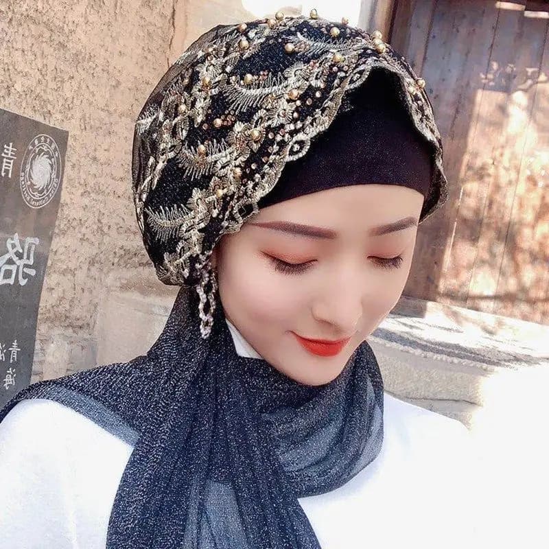 Berretto turbante da donna con perline ricamate Pronto da indossare Sciarpa per la testa Avvolgente Hijab musulmano Copricapo per capelli Cappello foulard pre-annodato