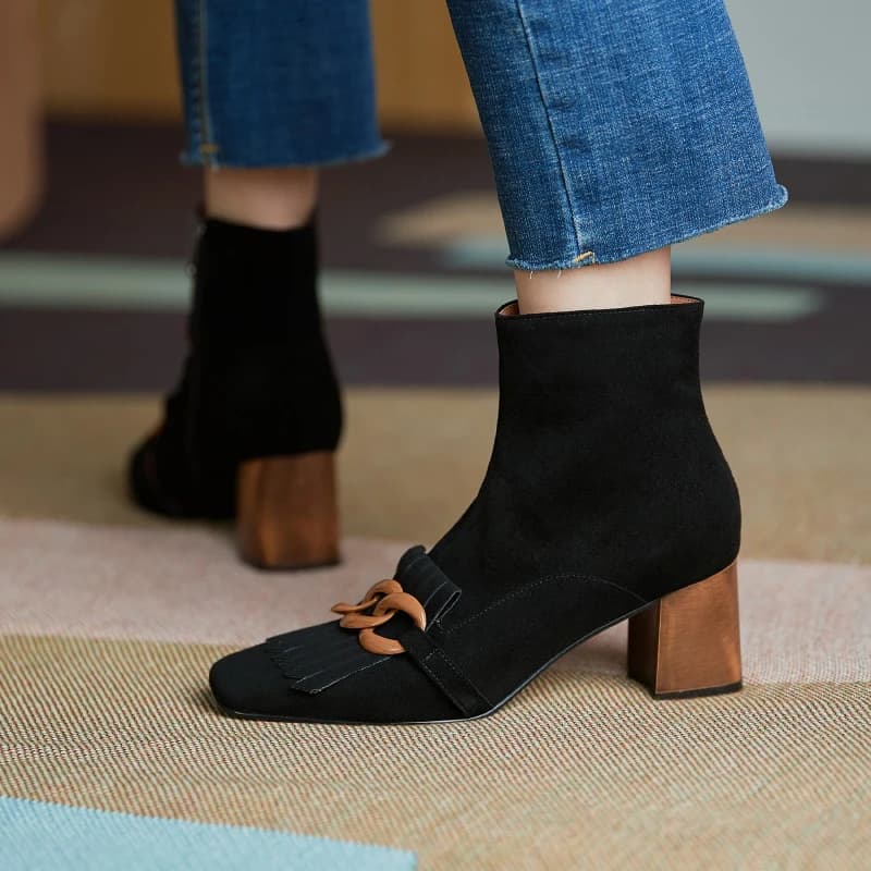2021 primavera autunno nuove donne stivaletti scarpe scamosciate bambino donna punta quadrata catena cerniera laterale nuovo ufficio femminile tacchi spessi stivali