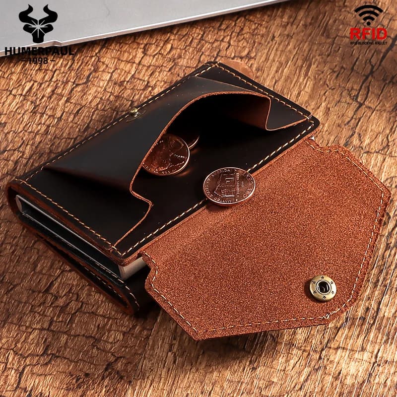 Portamonete da uomo in pelle di cavallo pazzo omero RFID Business Pop-Up porta carte di credito in alluminio porta carte di credito antifurto