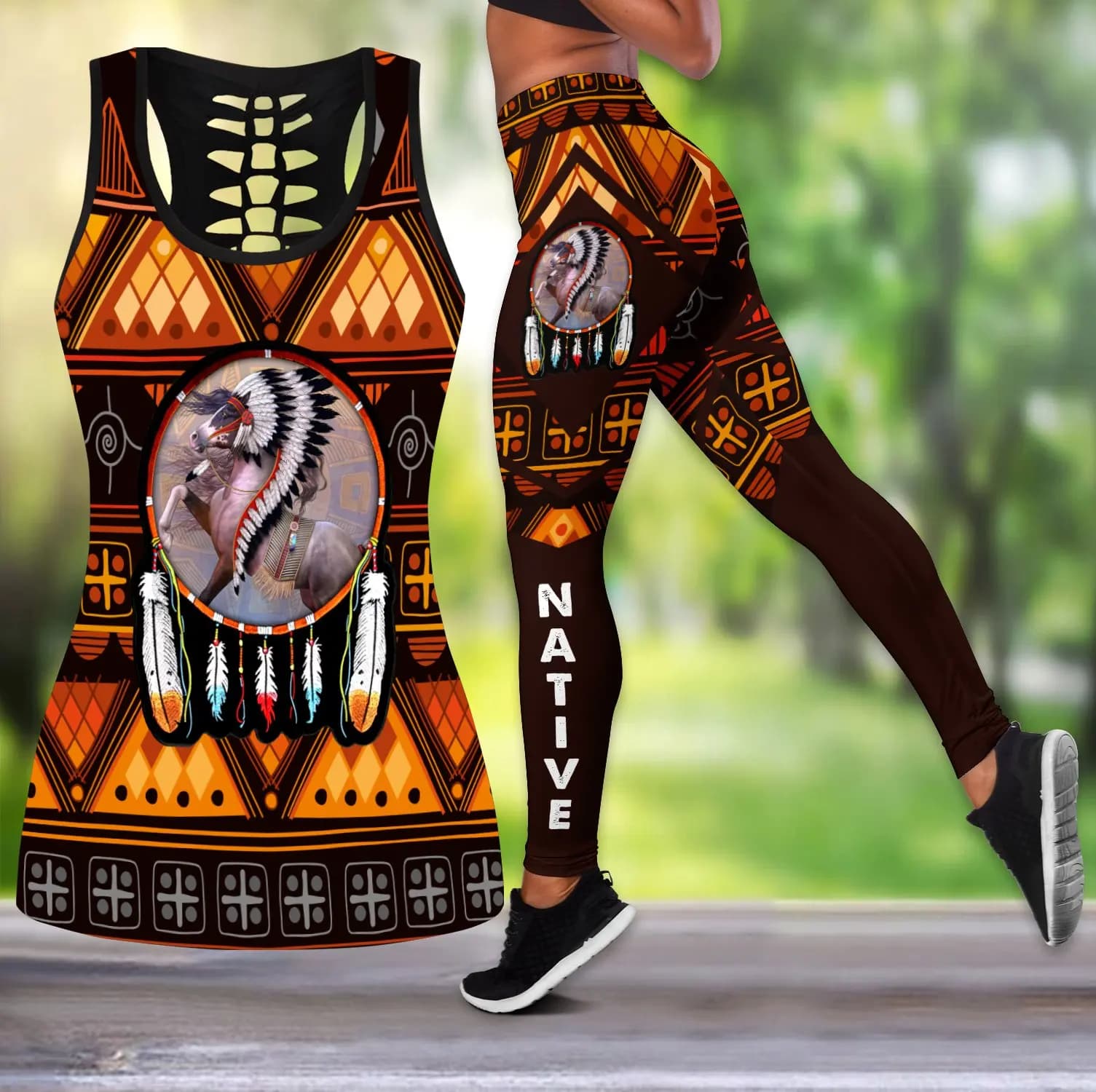 Horse Native Indian 3D All Over Printed Hollow Tank Top & Leggings Set Fitness Female Full Length Leggings Running Pants DDK70