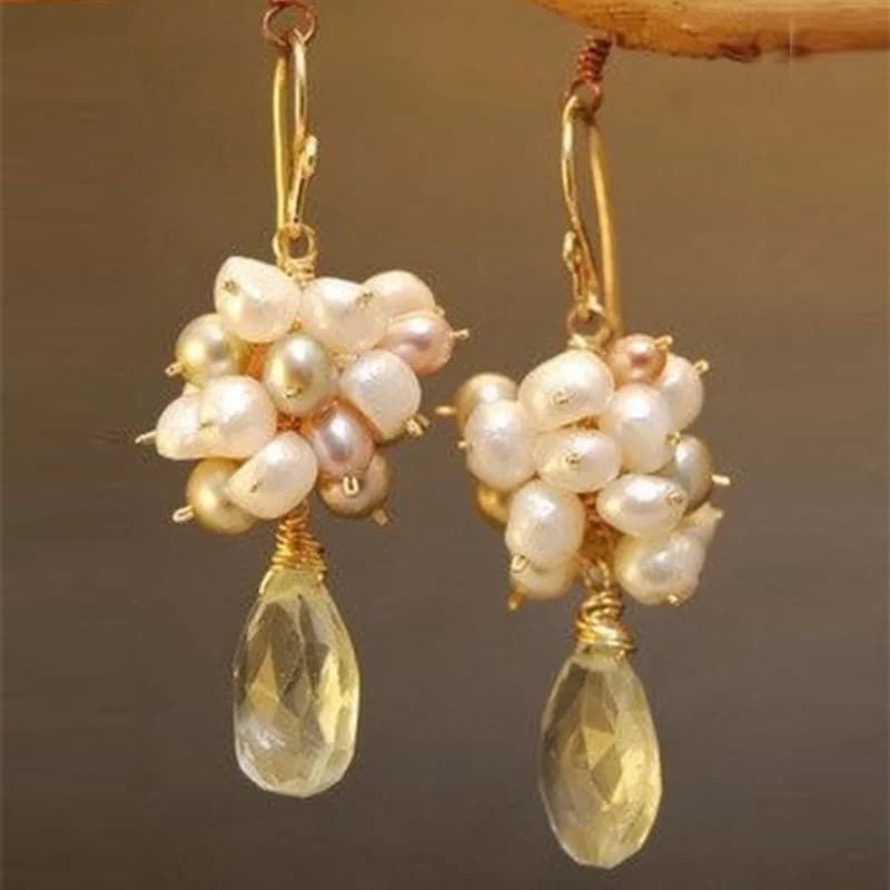 Cluster of mixed color pearls with green amethyst Earrings