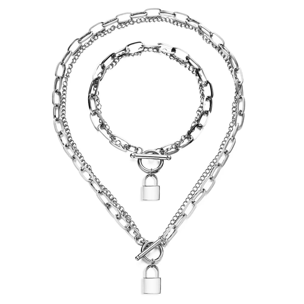 MinaMaMa Set di gioielli con lucchetto in acciaio inossidabile per donna Set di collane con bracciale a catena multistrato con lucchetto a levetta