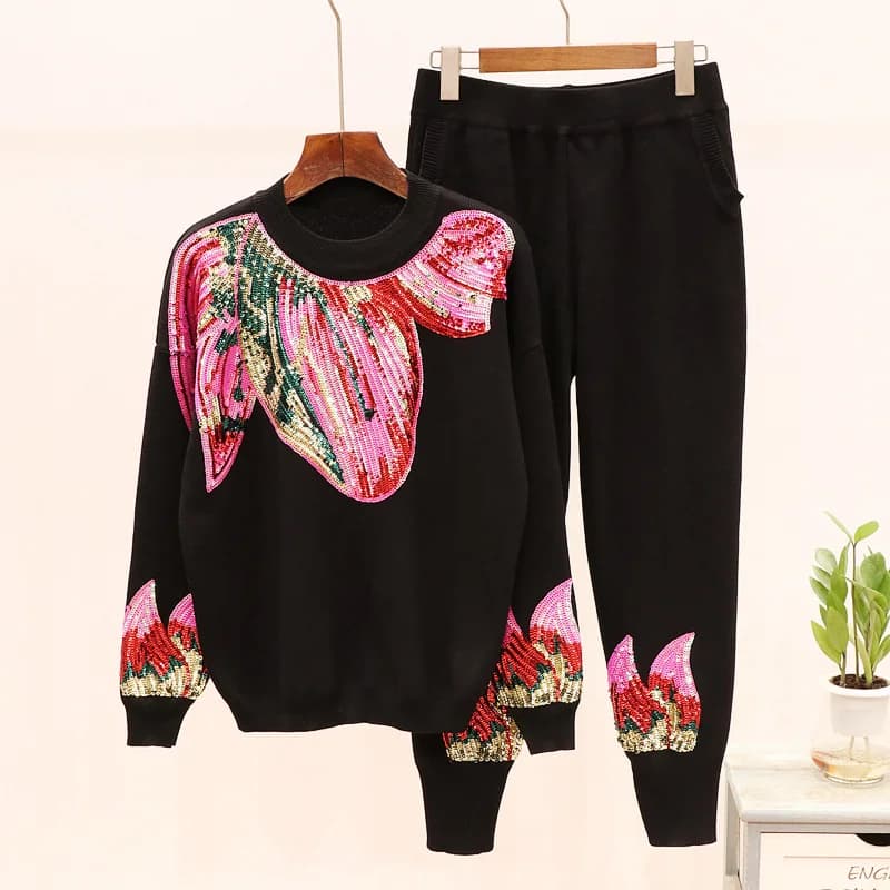 Flower Sequined Two-Piece Set Women Long Sleeved Knitted Sweater Pullover and Long Casual Pants Sports Suit Matching Tracksuit