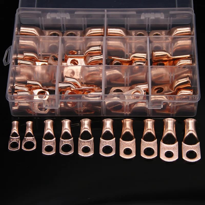 70PCS Assortment Wire Ring Bare Copper 1/0 AWG Gauge 3/8" Connectors Car Audio Terminals Closed Ends Bare Battery Lug