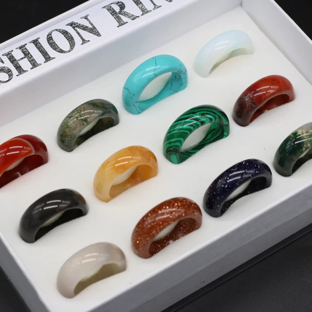 Colore della miscela squisito vestito naturale agate anelli di pietra largo 8mm donne Jewerly anelli regalo partita bella confezione regalo 12 pz/scatola