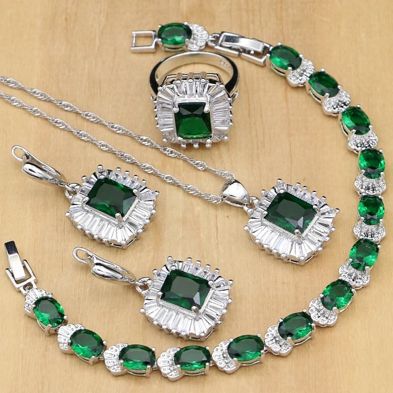 Bride Silver 925 Jewelry Sets Natural Green Cubic Zirconia White Crystal For Women Earrings/Pendant/Rings/Bracelet/Necklace Set
