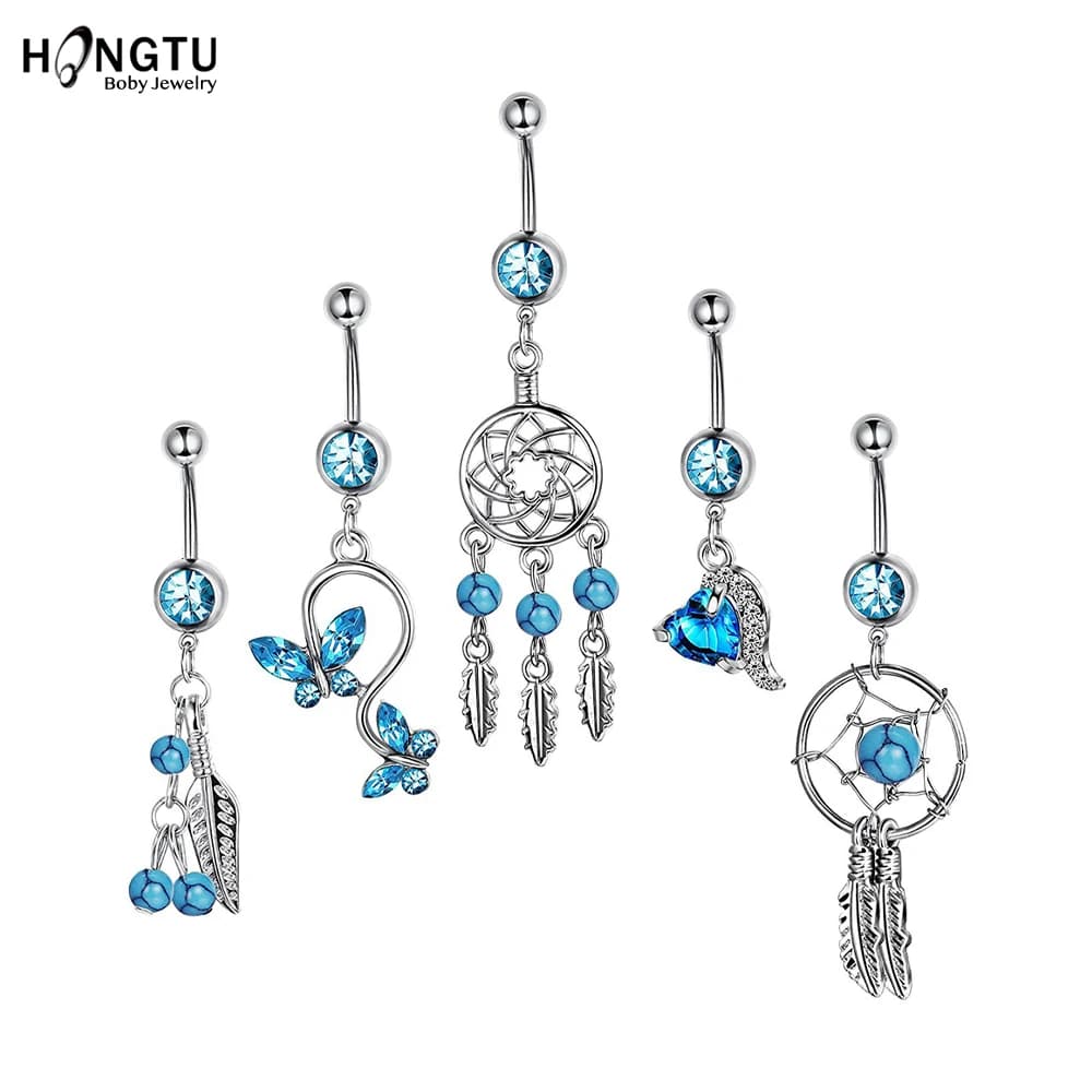 1PC Zircon Dream Catcher Belly Button Ring Crystal Belly Bars Sexy Stainless Steel Dangle Navel Piercing Women Body Jewelry 14G