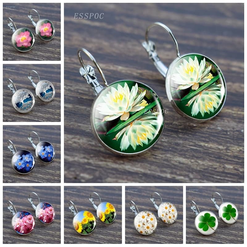 Quadrifogli Orecchini dei Fiori Girasoli Albero della Vita Sakura Tibet Cabochon In Vetro Orecchini per Le Donne Gioelleria Raffinata E Alla Moda
