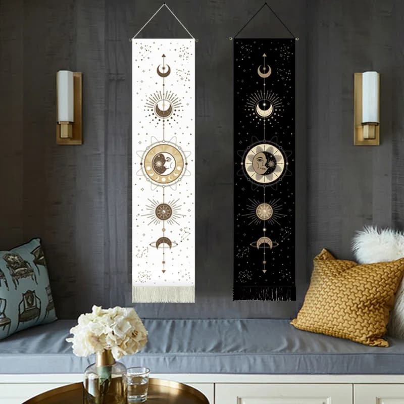 Arazzo Rettangolare Bohemien da Parete con Nappe, Tema Carte dei Tarocchi e Luna, Coperta Decorativa per Sfondo Parete, per Casa, Soggiorno, Ufficio
