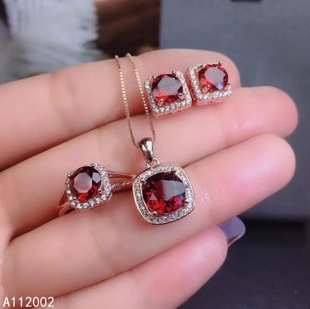 KJJEAXCMY gioielleria raffinata granato naturale argento sterling 925 donne ciondolo collana anello orecchini set supporto test lusso alla moda