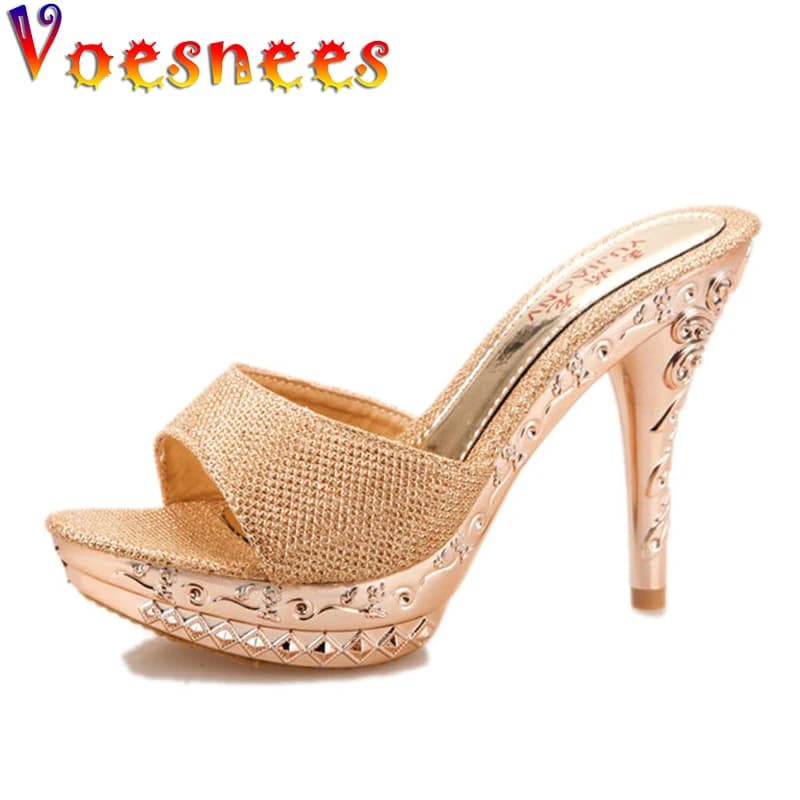 Voensee fashion shoes brand woman summer slippers Pu solid outdoor slides thin low heels sandals party shoes for girls 12 cm