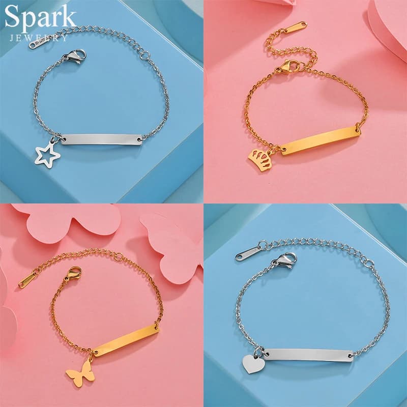 Personalizzato incidere nome data bambino braccialetto in acciaio inox cuore corona stella ciondolo bambino braccialetto personalizzato gioielli regalo di compleanno