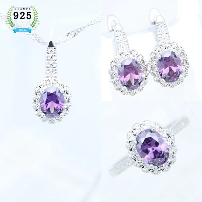 Romantic Amethyst Jewelry 925 Sterling Silver Jewelry Set Open Ring Pendant Earring Necklace Kit Wedding Accessories
