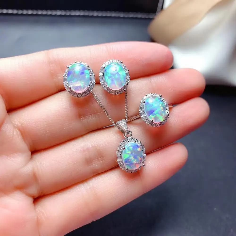 Miglior regalo di nozze Set di opali Set di gioielli con opale naturale Opale reale naturale Argento sterling 925 1 ciondolo, 1 anello, 2 orecchini