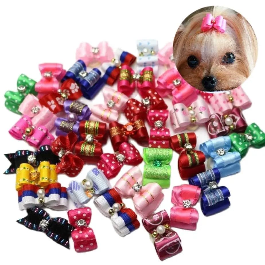 50 pezzi/100 pezzi fatti a mano per toelettatura di cani, fiocco per peli di animali domestici con elastici, forniture per spettacoli di cani
