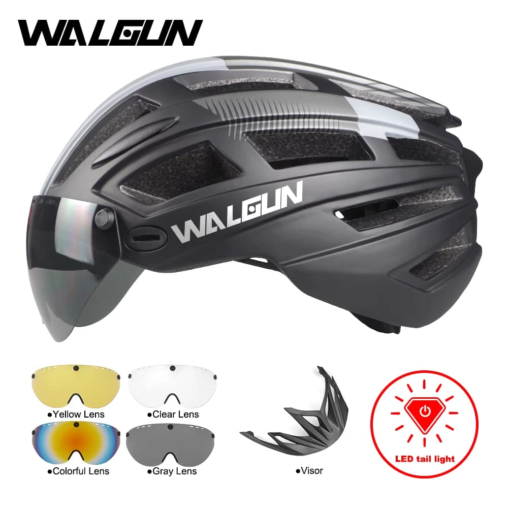WALGUN MTB Casco da mountain bike L con occhiali luminosi a LED Lente Visiera parasole Caschi da ciclismo di sicurezza per biciclette da strada per uomini Donne Adulti
