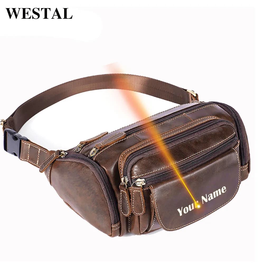 WESTAL Incisione Laser Marsupio da uomo Cintura da uomo Marsupi in pelle Maschile Marsupio per soldi Borse da viaggio Bum Hip Bag Genuino 835