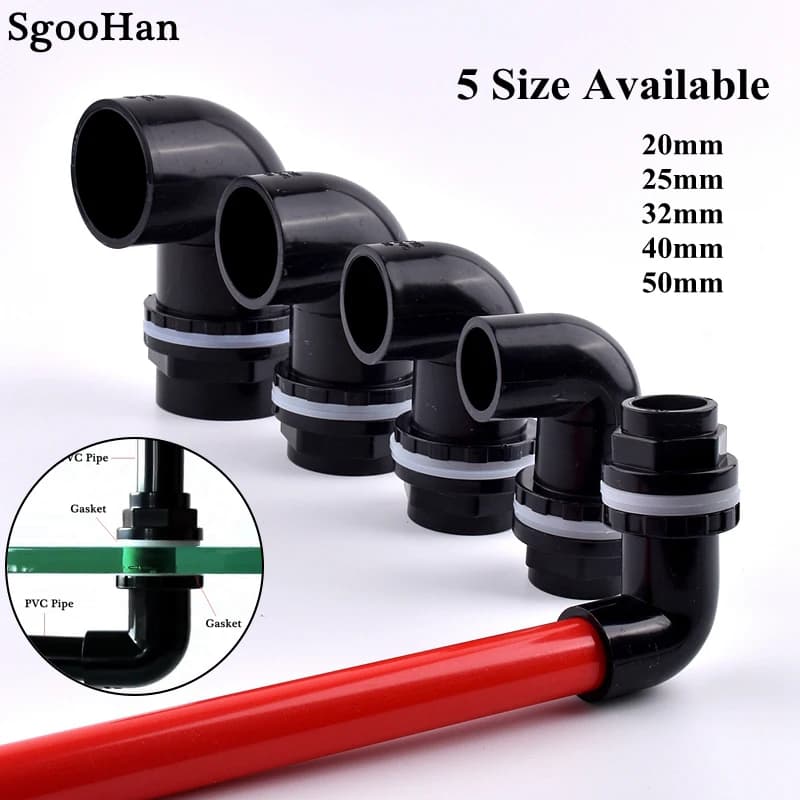 Acquario per acquario con tubo in PVC nero ID 20~50 mm 90 ° Connettore di drenaggio a gomito Filettatura di troppopieno Giunti di uscita ingresso serbatoio acqua fai-da-te