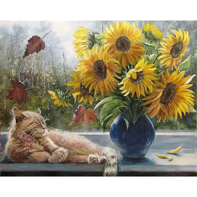 PhotoCustom Acrylic Paint By Numbers DIY Frameless 60x75cm Oil Painting By Numbers Sunflowers And Cat On Canvas Digital Hand Pai