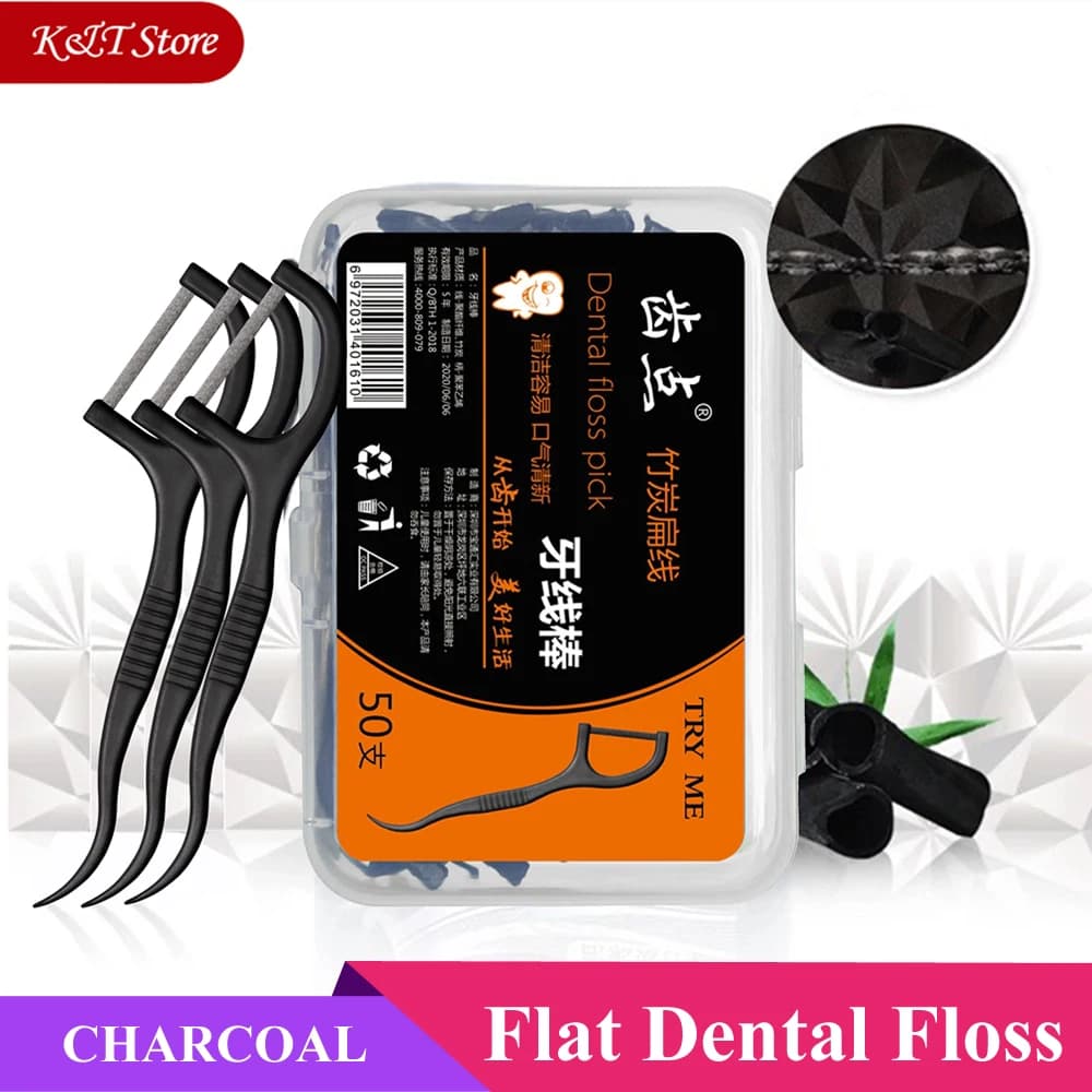 50pcs/box Black dental floss toothpicks with thread bamboo charcoal Flat hilo dental dental teeth floss black teeth stick