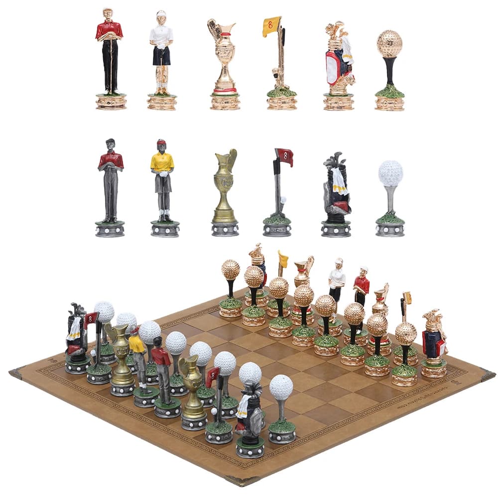 Scacchi in metallo Sport Golf tema Luxury Knight dama gioco da tavolo intrattenimento giocattolo Set collezione regalo scacchiera in pelle