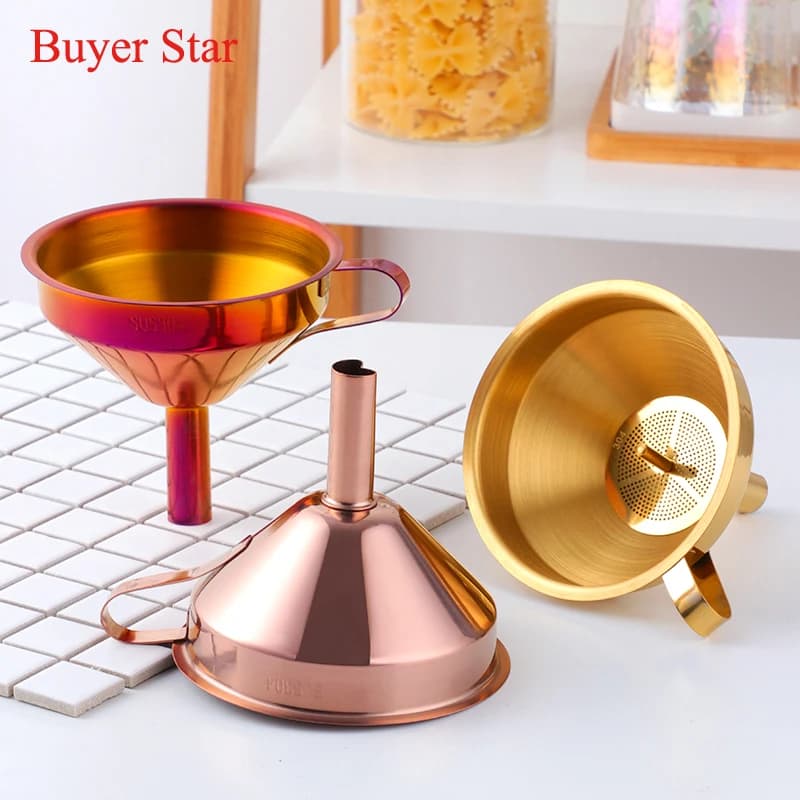 1 pz appendibile 10.7cm imbuto in acciaio inox gadget da cucina famiglia imbuti in metallo dorato set spezie boccetta di vino filtro strumenti da tavolo