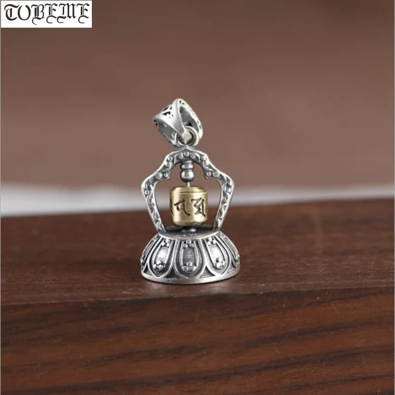 Real 925 Silver Tibetan Bell Pendant vintage pure silver Buddhist OM Mantra Prayer Wheel Good Luck Amulet