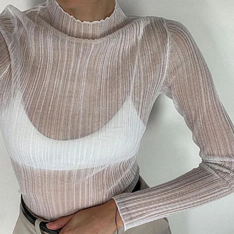 2024 Autunno Elegante vedere attraverso manica lunga collo finto Donna Top Moda Streetwear T-shirt sexy T-shirt Abiti slim