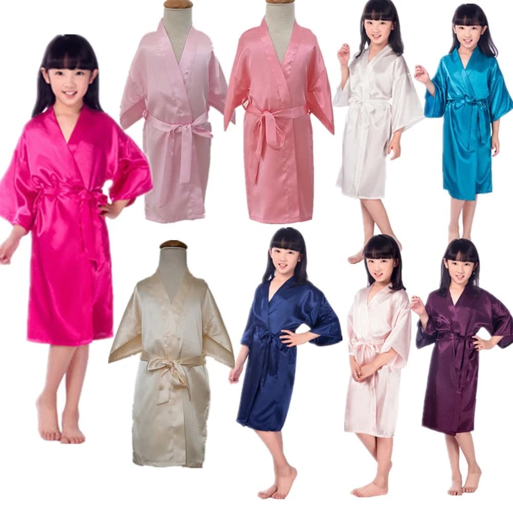 Wholesale Solid Girls Satin Silk Robes Swimwear for Spa Wedding Party Children Pink Kids Night Shirt W3