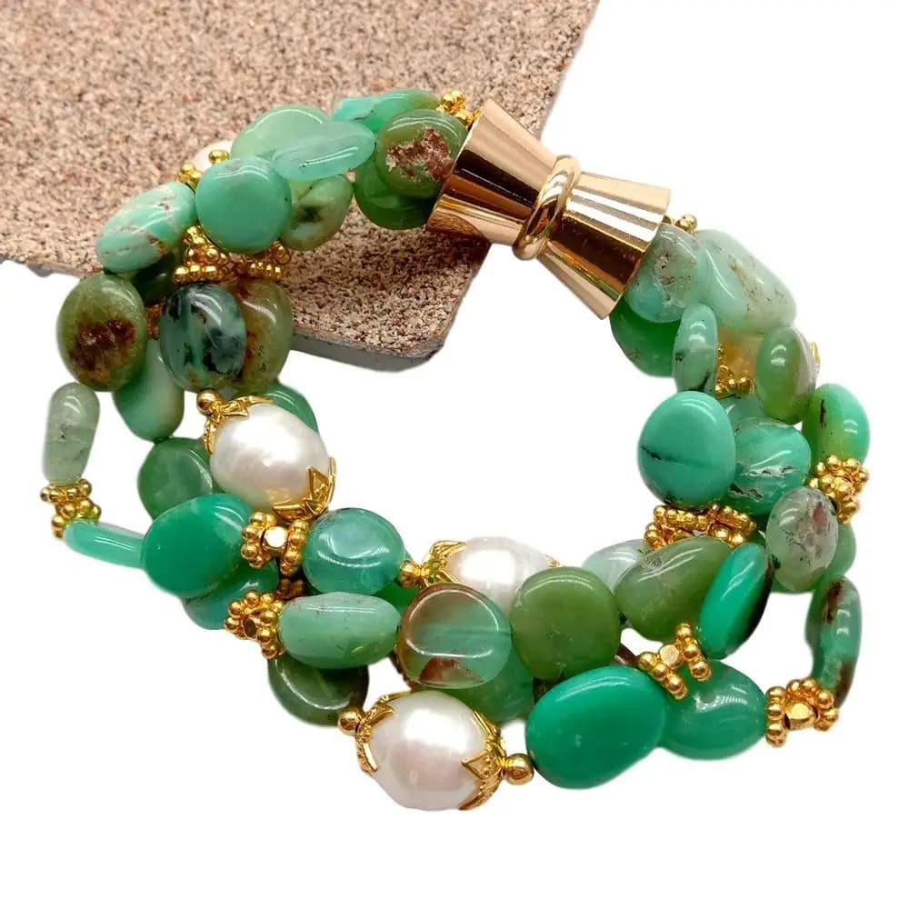 KKGEM Natural 4 Strands 10x12mm Green Chrysoprase Freeform Cultured White Rice Pearl Bracelet 8.5'' Magnet Clasp for Women