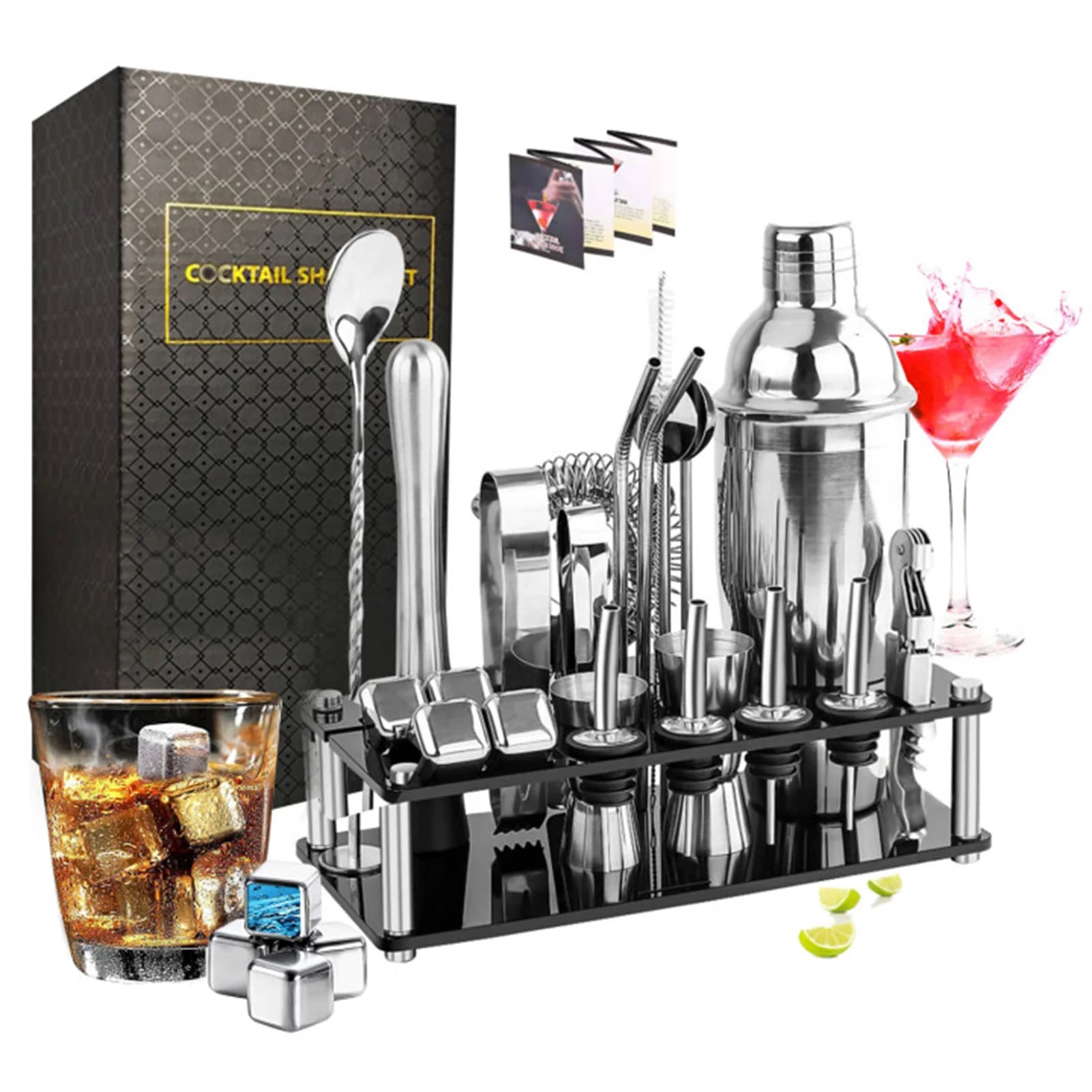 Set per Cocktail Shaker strumento per Bar in acciaio inossidabile Kit per barman con espositore cubo di ghiaccio cucchiaio per mescolare ricette libro regalo