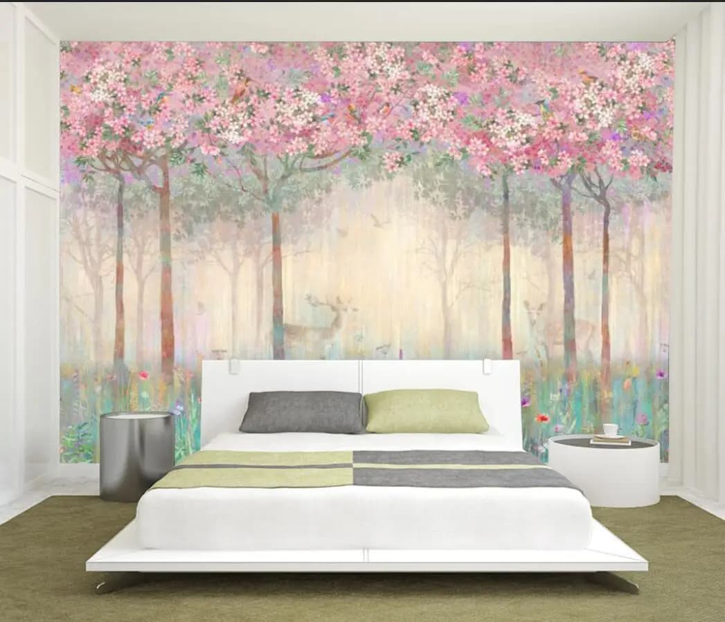 Carta da parati su misura, pittura a olio dipinta a mano, foresta rosa, fiori, animali, pittura decorativa, murales di alberi di fiori di ciliegio