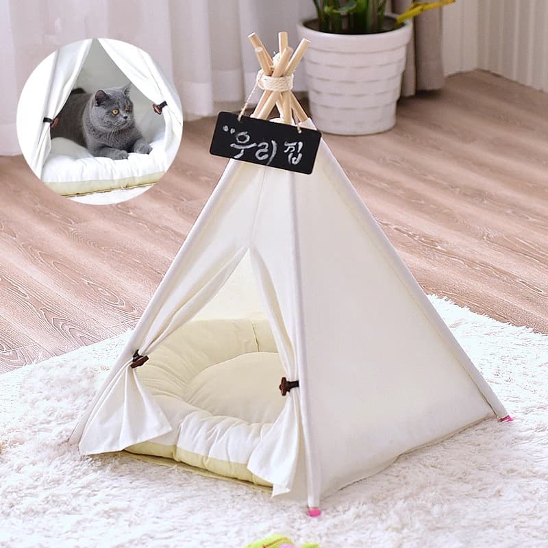 Tela modello bianco solido tenda per animali domestici pieghevole portatile Teepee letto per gatti casa con cuscino facile da montare case per cani prodotti per animali domestici Dec