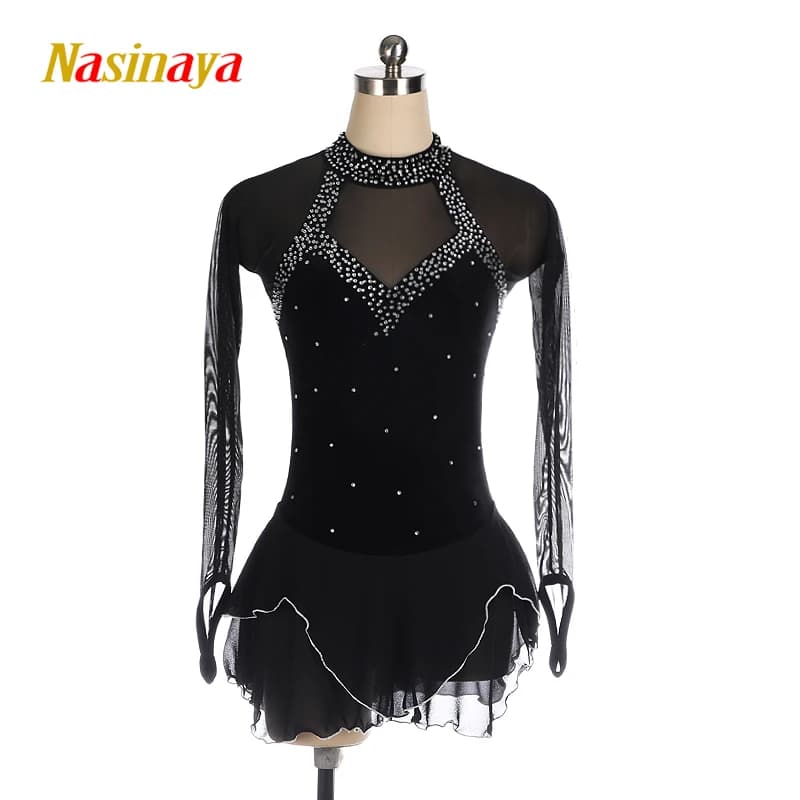 Abito da Pattinaggio Artistico Nasinaya Personalizzato per Competizioni, Nero, Maniche Lunghe, in Velluto con Strass, per Ginnastica Femminile