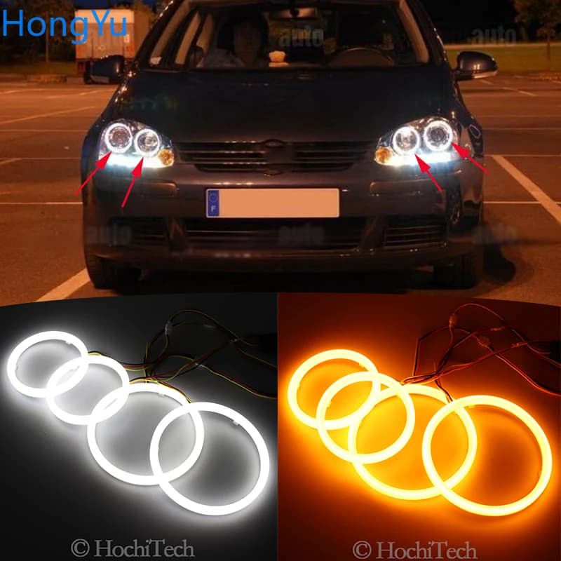 Luci Diurne DRL Bianche/Ambra per Volkswagen VW Golf 5 Rabbit Jetta R32 V mk5 2004-2009, Anello Luminoso LED Angel Eye Commutabile