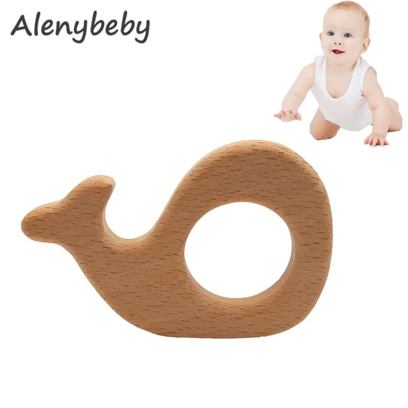 Massaggiagengive in legno naturale fatto a mano con balena in legno di faggio, ciondolo personalizzato in legno fai da te, giocattoli per massaggiagengive sicuri ed ecologici