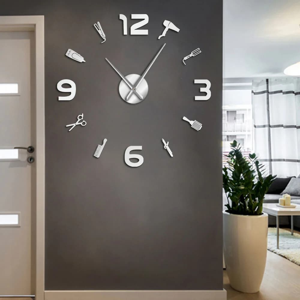 Barber Accessories Wall Clock Large Wall Clock DIY Acrylic Mirror Effect Wall Art Barber Tools Large Wall Clock without Frame Not ticking