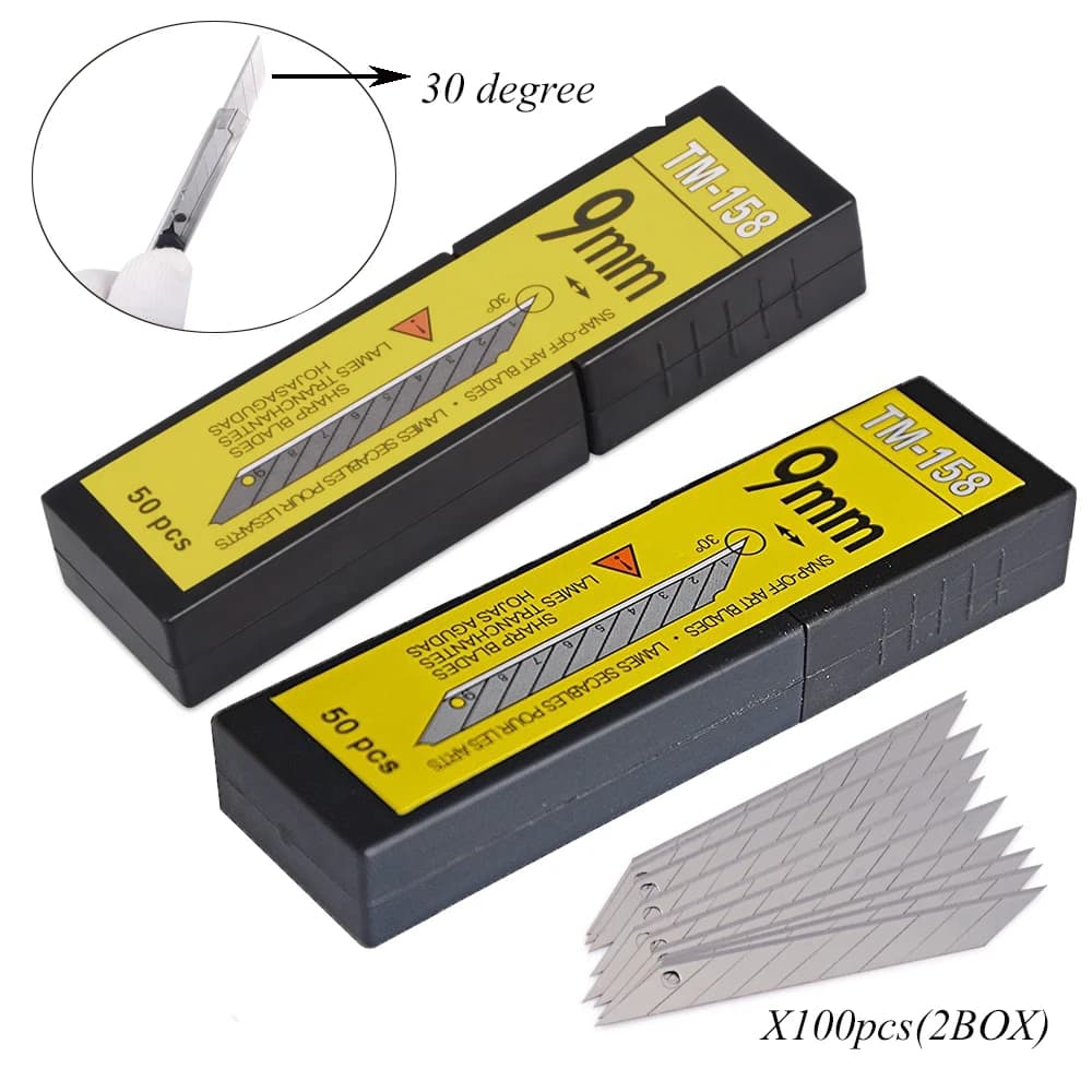 FOSHIO 100 PZ 9mm Lame In Acciaio Al Carbonio 30 Gradi Auto Finestra Tinta Decalcomanie Utensili Da Taglio Vinile Auto Carta Da Involucro Arte Coltello Taglierina