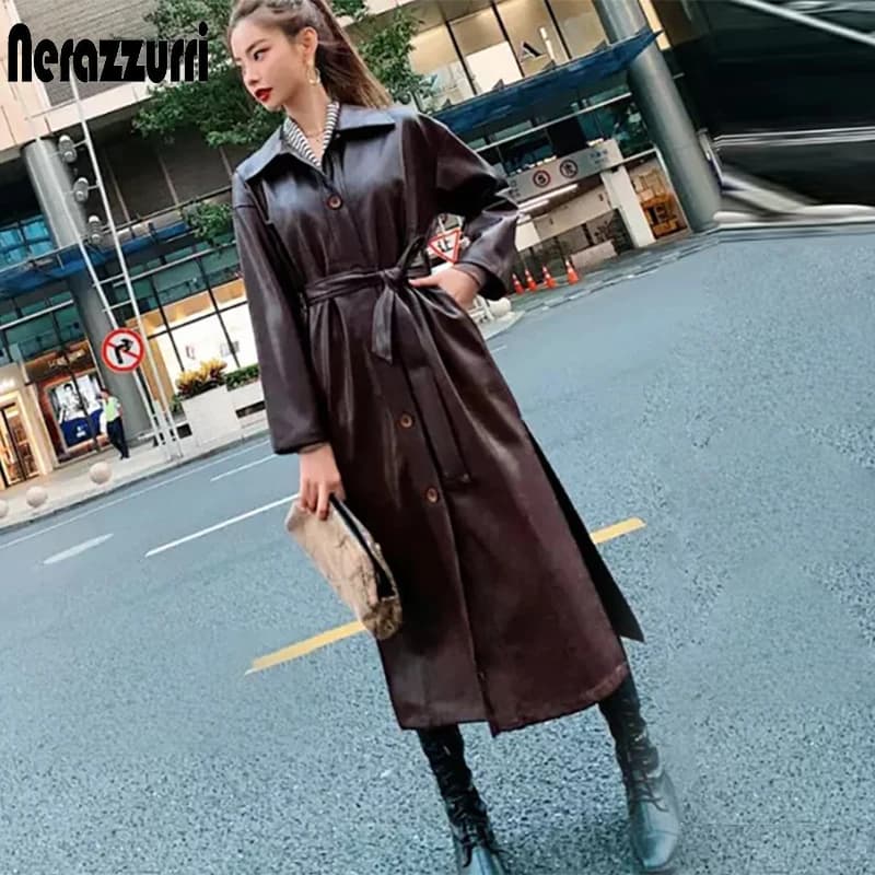 Trench lungo in pelle autunno Nerazzurri per donna bottoni cintura manica lunga impermeabile in ecopelle donna moda coreana 2020