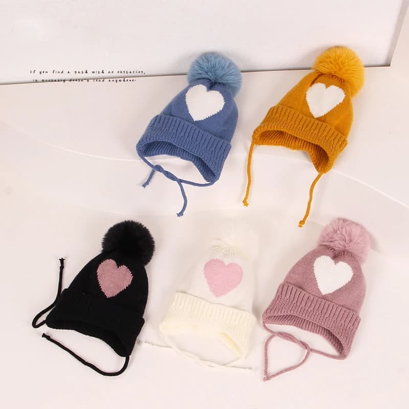 Pompom Baby Hat Autumn Winter Children Toddler Beanie Cap Heart Printed Warm Crochet Ear Protection Kids Girl Boy Bonnet Hat