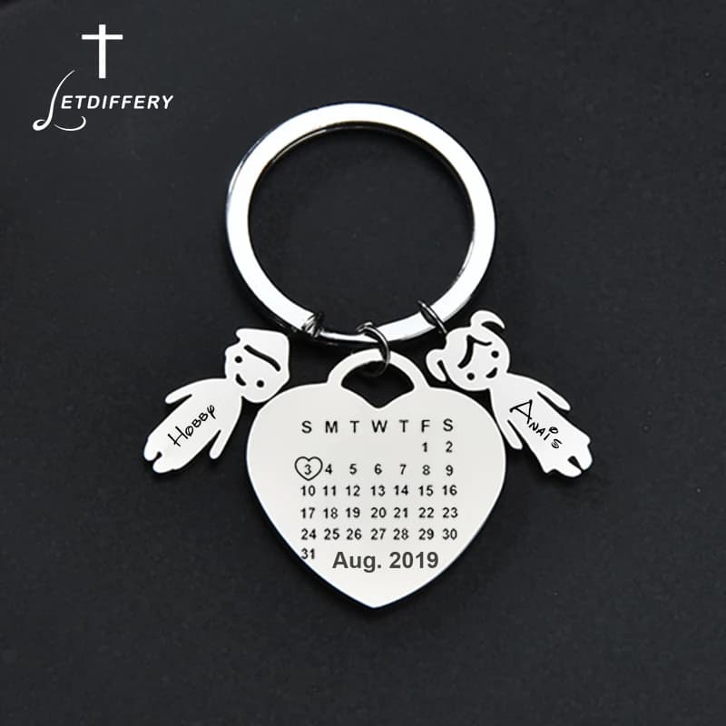 Letdiffery Custom Boy Girl Keychain calendar Stainless Steel Laser Engrave name date photo never fade keychain anniversary gifts