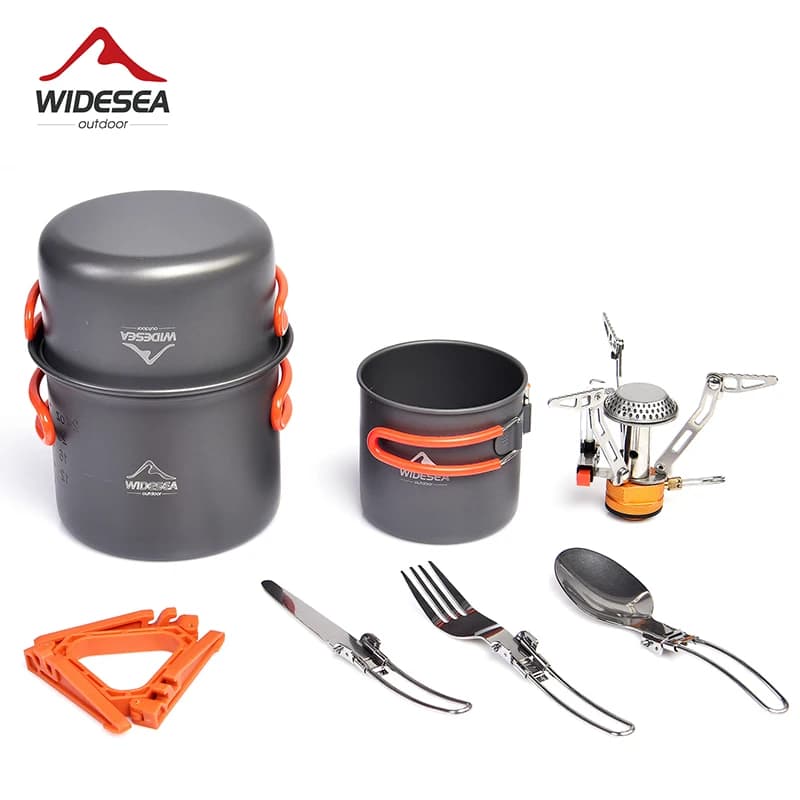Widesea Set of camping pots equipment for outdoor table supplies kitchen stove folding knife fork portable pot dress tourist cup