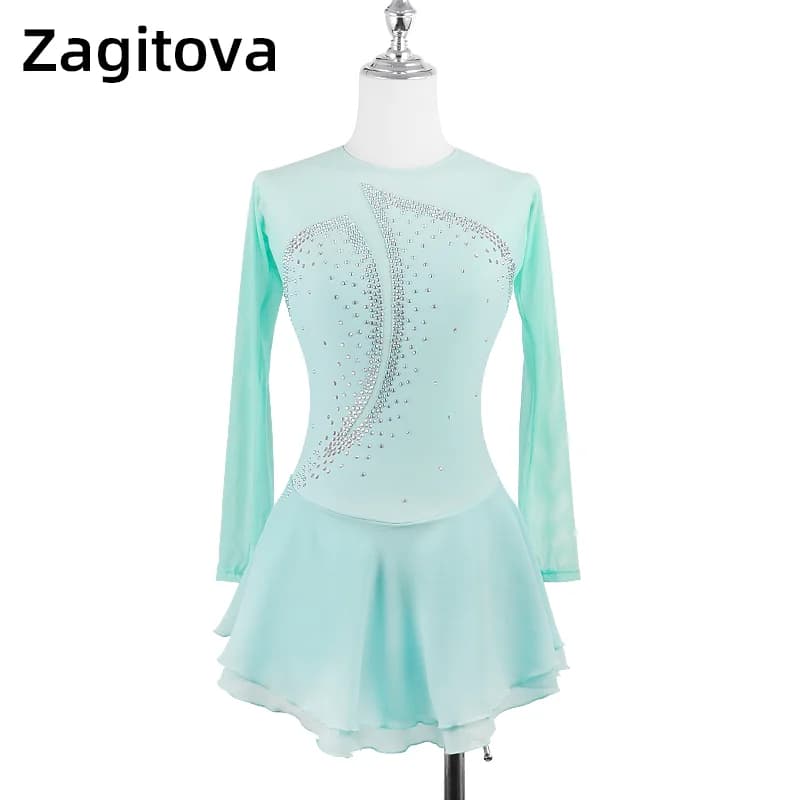 ZAGITOVA Abito da pattinaggio di figura Gonna da pattinaggio su ghiaccio per ragazza da donna Gonna a rete in costume da ginnastica color menta