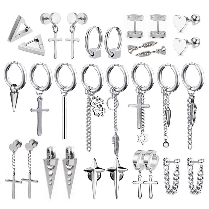 1 Pair Stainless Steel Stud Earrings for Men/Women Cross Pendant Long Tassel Unisex Hoop Earrings Punk Gothic Metal Jewelry